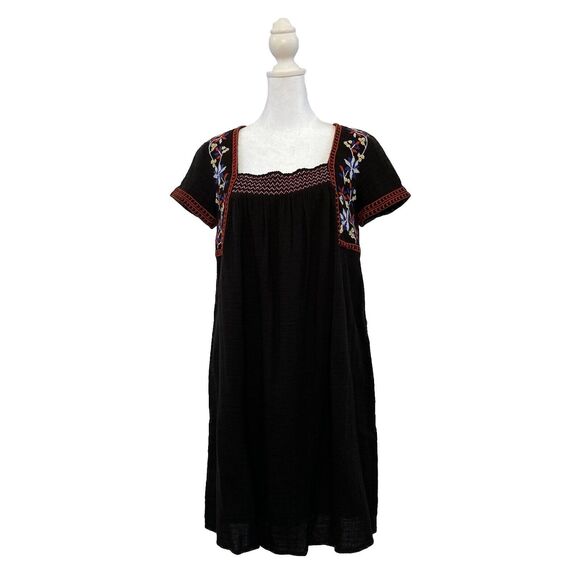 Old Navy Black Embroidered Floral Square Neck Dress Boho Peasant Small - Picture 1 of 12